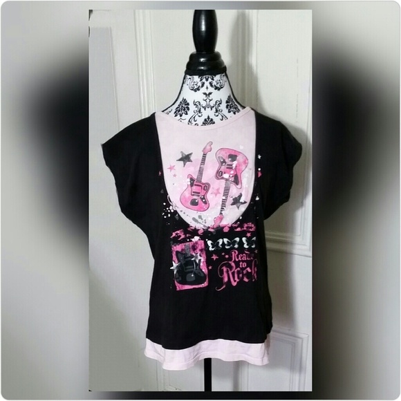 No Boundaries Tops - Ready to rock pink & black tee with guitars